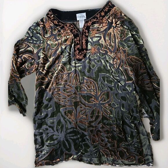 Chico's Sheer Velvet Burnout Leaf Small Beaded Tunic Top 0/Small Fall Colors - Picture 1 of 11